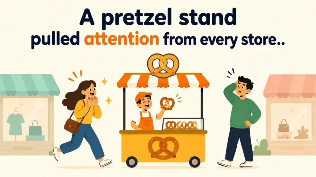 A pretzel stand pulled attention from every store.