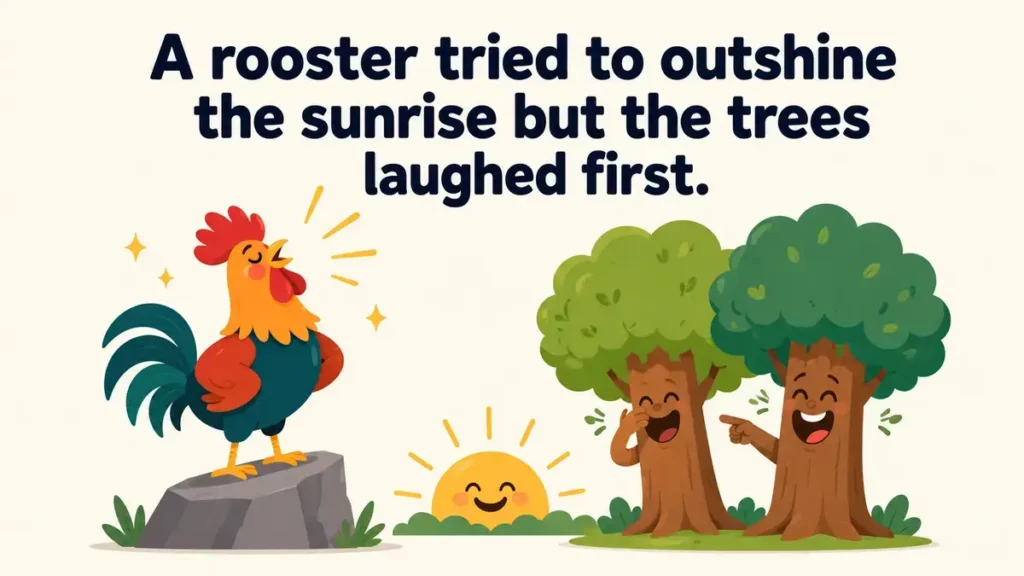 A rooster tried to outshine the sunrise but the trees laughed first.