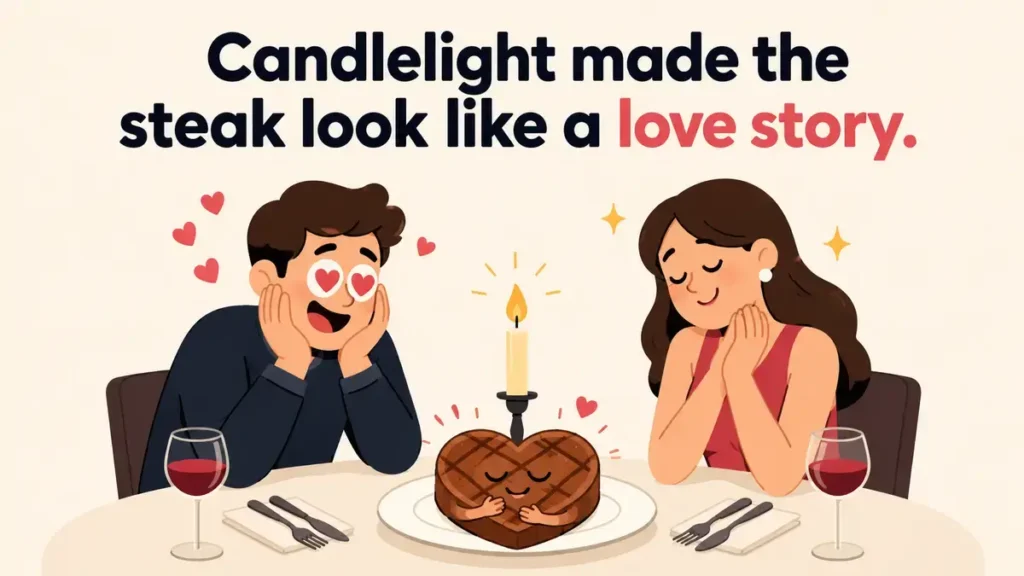 Candlelight made the steak look like a love story.