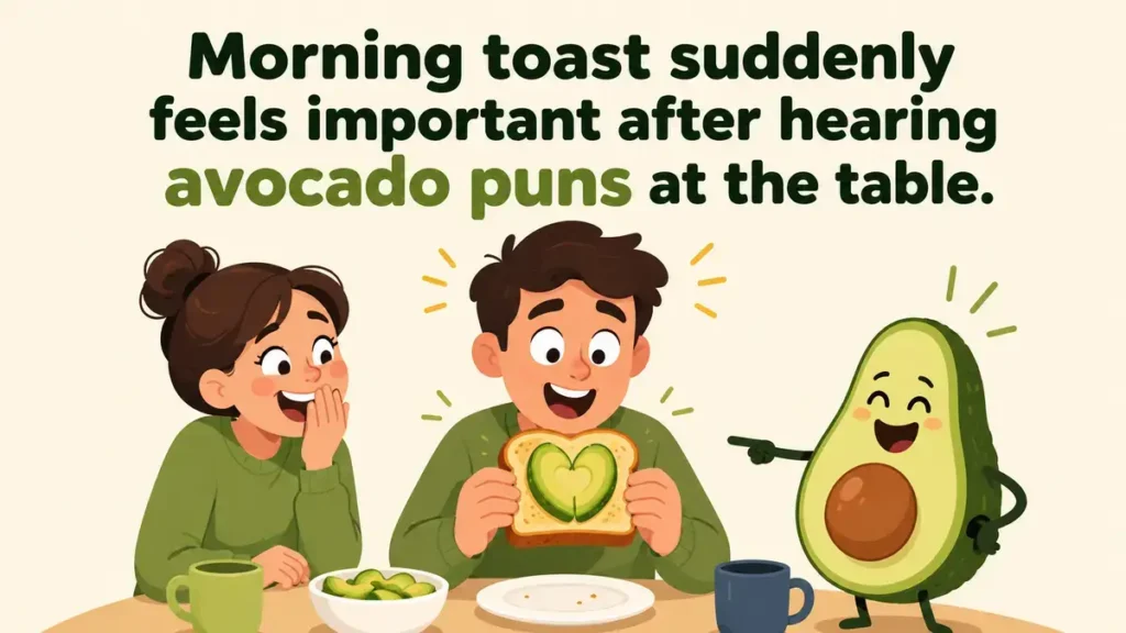 Morning toast suddenly feels important after hearing avocado puns at the table.