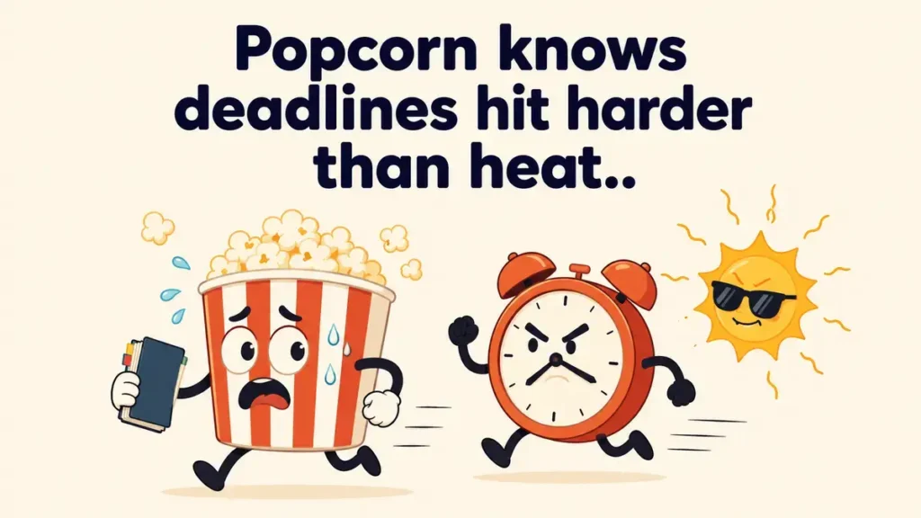 Popcorn knows deadlines hit harder than heat.