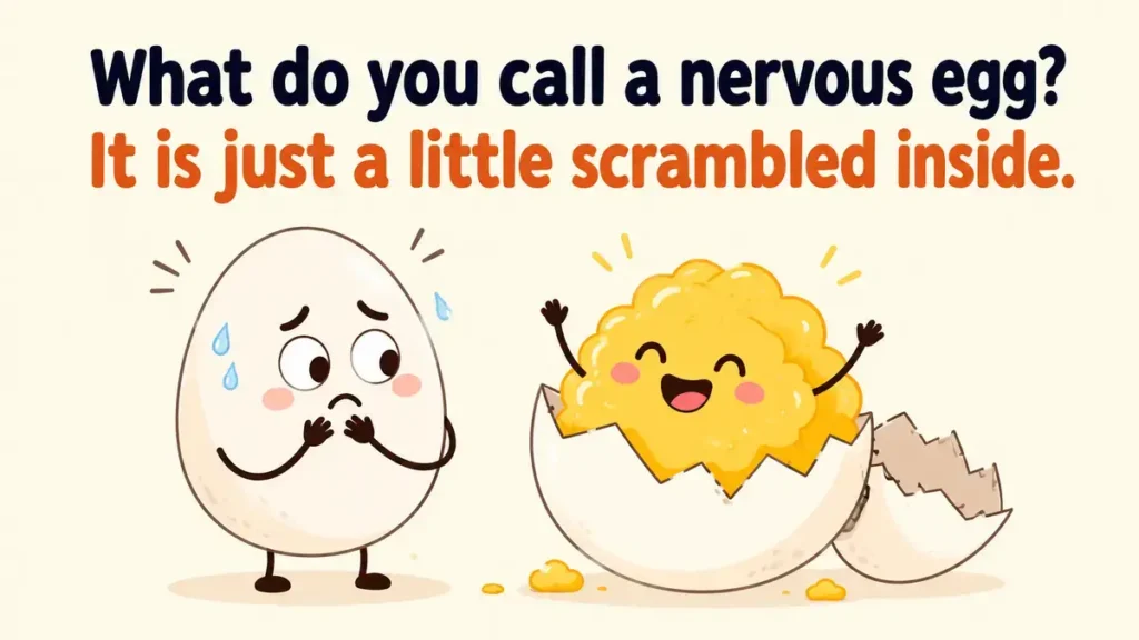What do you call a nervous egg? It is just a little scrambled inside.