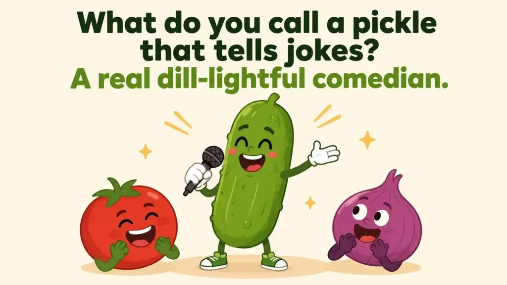 What do you call a pickle that tells jokes? A real dill-lightful comedian.