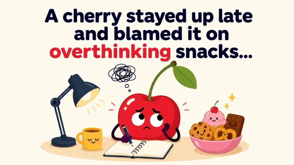 A cherry stayed up late and blamed it on overthinking snacks.
