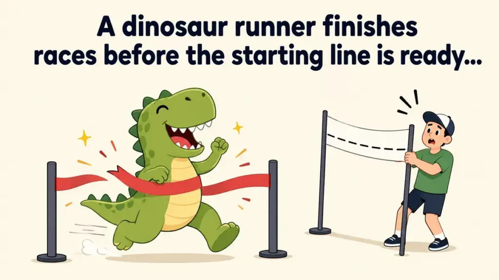 A dinosaur runner finishes races before the starting line is ready.