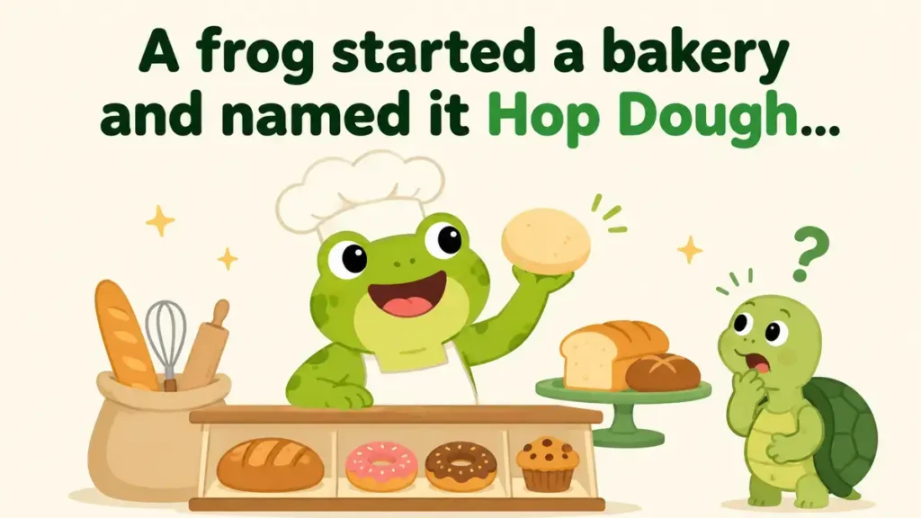 A frog started a bakery and named it Hop Dough.