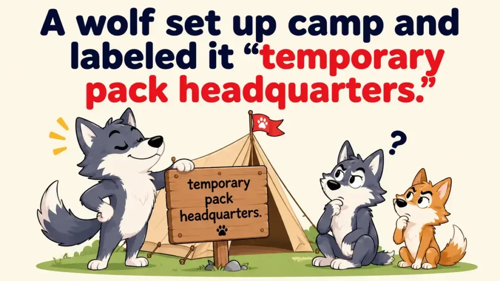 A wolf set up camp and labeled it “temporary pack headquarters.”