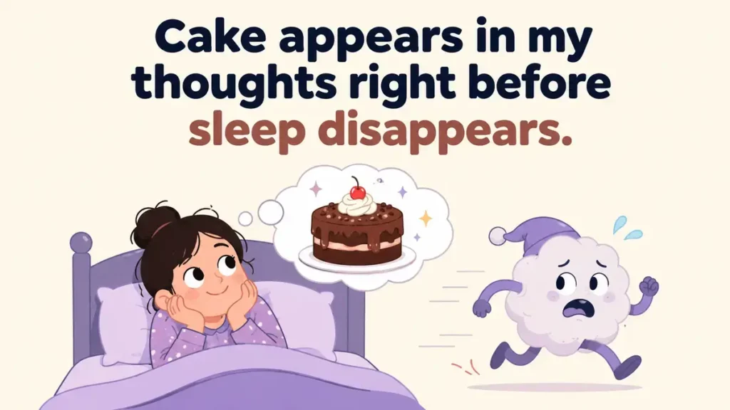 Cake appears in my thoughts right before sleep disappears.