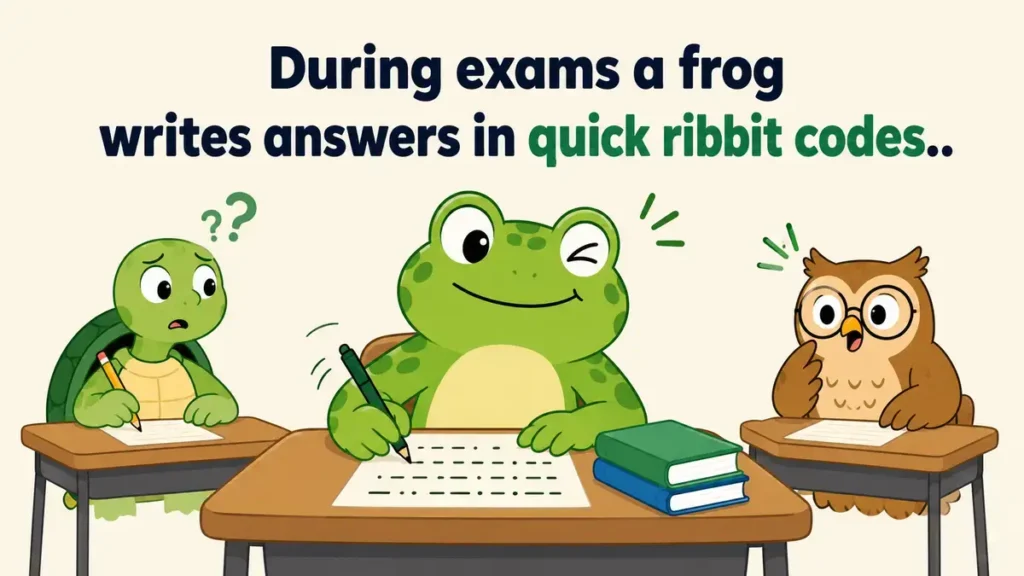 During exams a frog writes answers in quick ribbit codes.