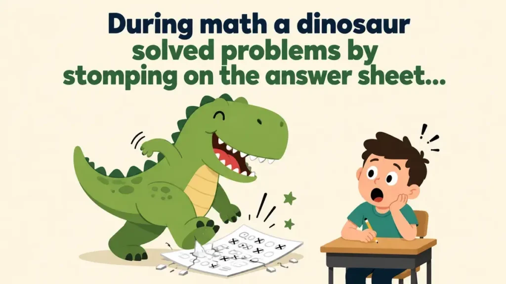 During math a dinosaur solved problems by stomping on the answer sheet.