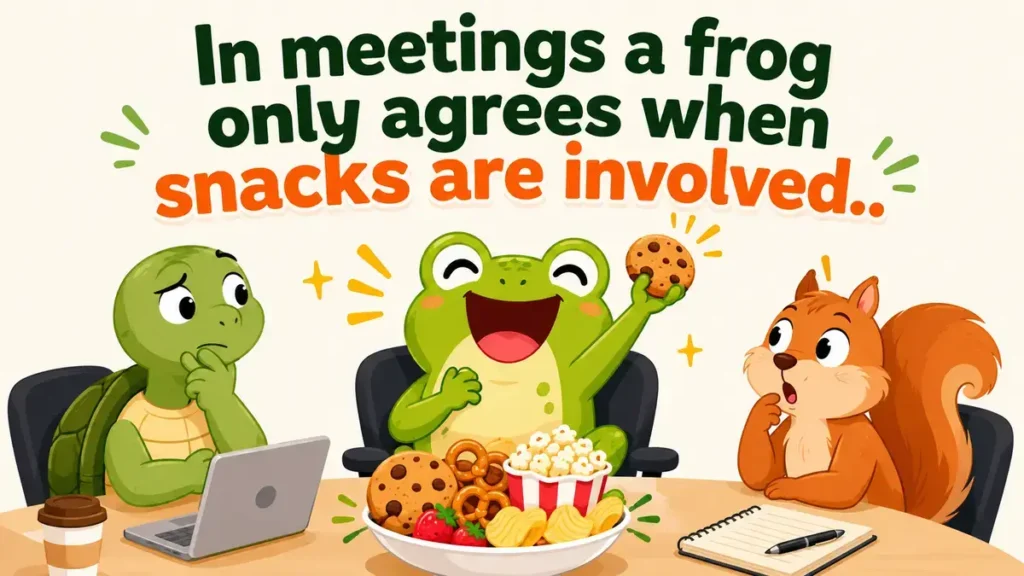 In meetings a frog only agrees when snacks are involved.