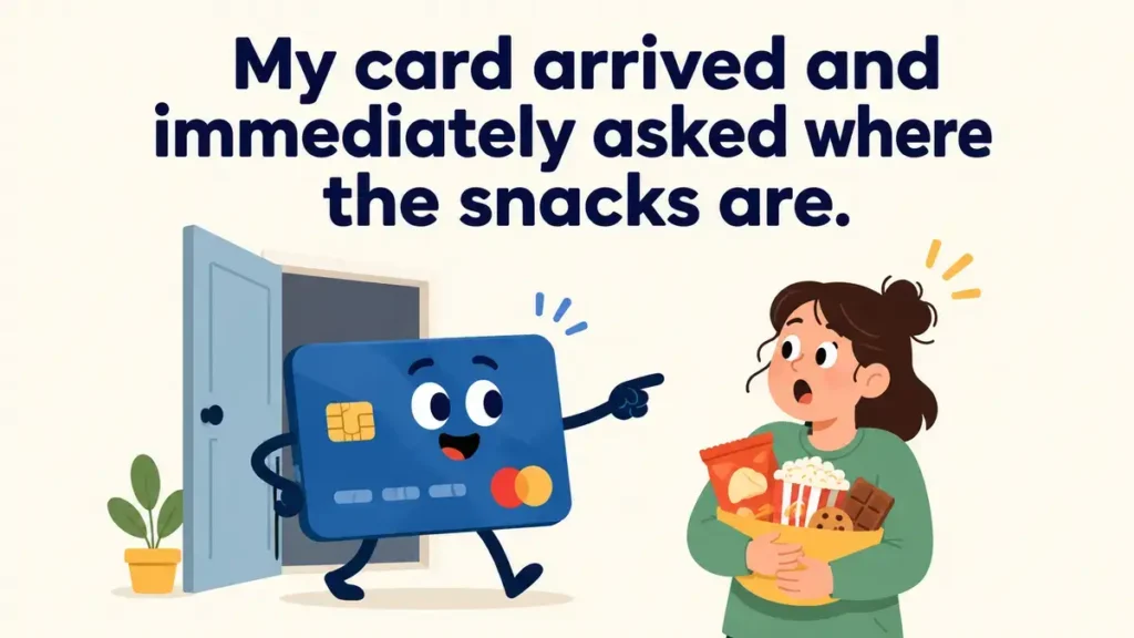 My card arrived and immediately asked where the snacks are.