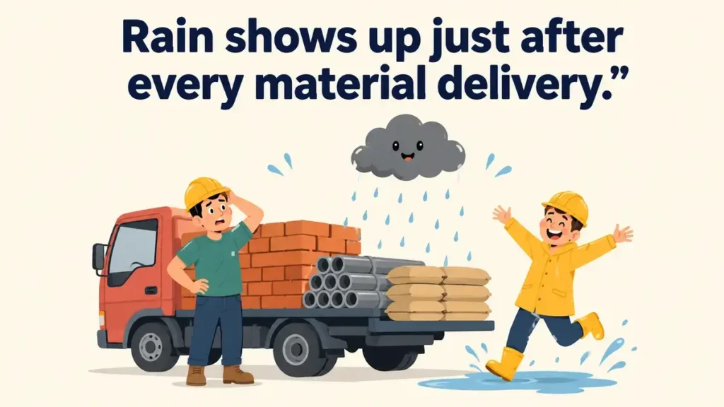 Rain shows up just after every material delivery.